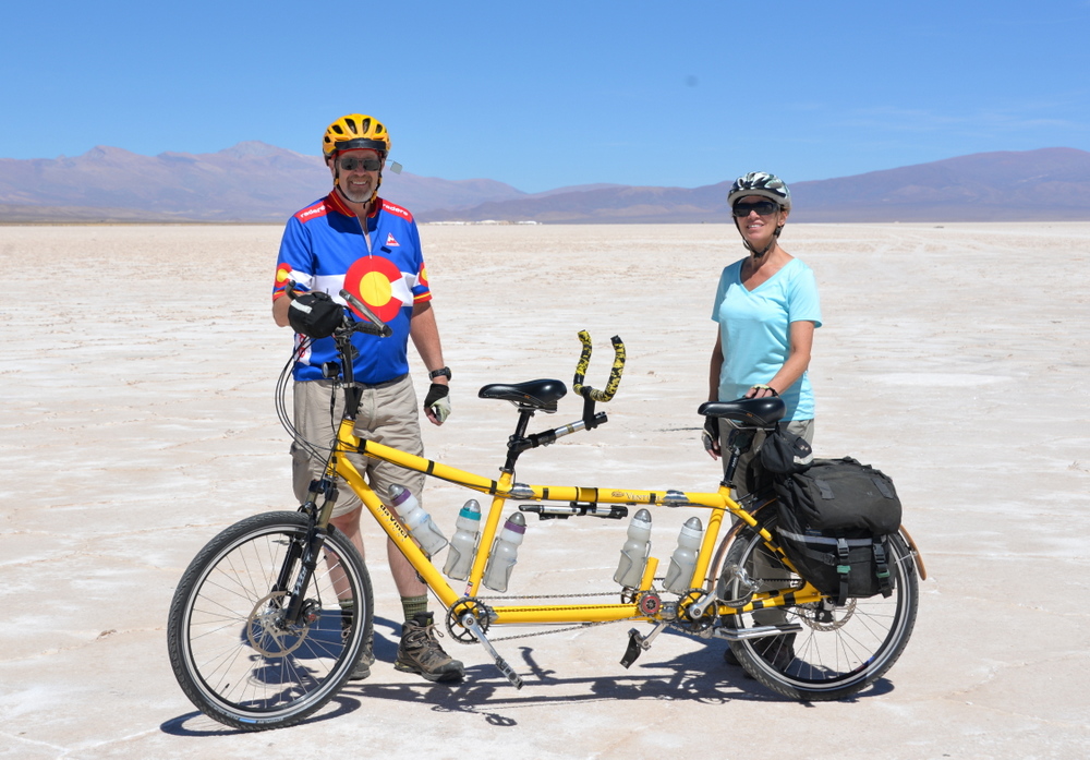 Dennis and Terry Struck and the Bee standing in the Salinas Grande (Salt Flats).