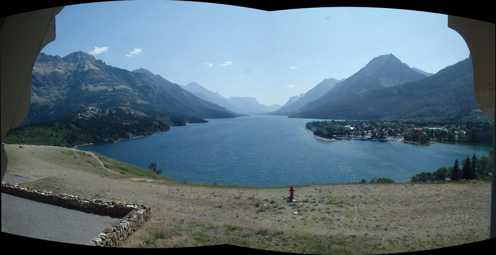 I think that this photo was taken from the main floor atrium of the Prince of Wales Lodge (Waterton Lakes National Park, Canada).