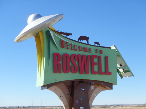 A close-up of the Roswell Visitors Center sign.
